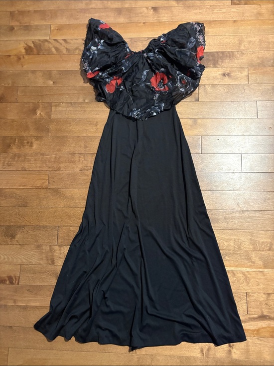 Vintage Dresses & Skirts - Black Maxi Dress with off the shoulder Floral Ruffle Neckline